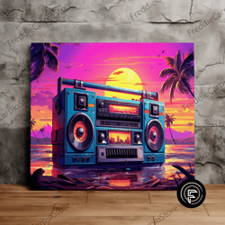 sunset paradise synthwave boombox, 80's retro art, modern art, stylish art, scenic wall art, canvas art, canvas print, r