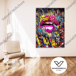 decorative wall art, banksy lips art print, pop art lips canvas art, street art, graffiti canvas wall art, street painti
