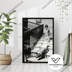 decorative wall art, decorate the living room, bedroom and workplace, girl walking baby alligator on leash black and whi