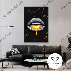 lips wall art, gold lipstick canvas art, dollar wall decor, modern wall art, roll up canvas, stretched canvas art, frame