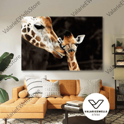 mother kissing cute giraffe giraffe cute animal roll up canvas, stretched canvas art, framed wall art painting-1