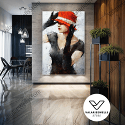 red hat woman wall art, elegant canvas art, living room wall decor, roll up canvas, stretched canvas art, framed wall ar