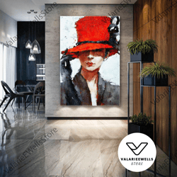 red hat woman wall art, elegant wall decor, living room wall art, roll up canvas, stretched canvas art, framed wall art