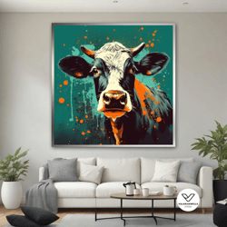cow canvas painting, colorful cow decorative wall art, modern cow poster, cow canvas print, animal office art, farmhouse