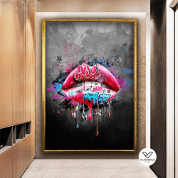 giraffiti pink lip canvas, banksy graffiti lip canvas decorative wall art, graffiti canvas print, pop art lip wall decor