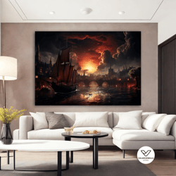 pirate ship canvas painting, burning city canvas, war landscape art, pirate ship decorative wall art, sailing canvas pri