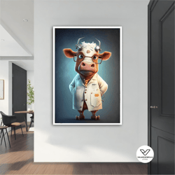 professor cow canvas painting, professor cow poster, professor cow decorative wall art, professor cow art, animal canvas