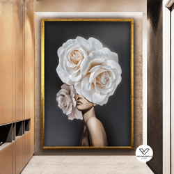 rose head woman canvas painting, floral woman canvas, rose head woman canvas print, flower head woman canvas decorative