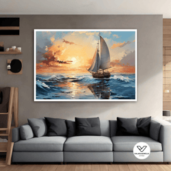 ship at sunset canvas art, sailing ship canvas print, sea decorative wall art, sunset decorative wall art, sunset seasca