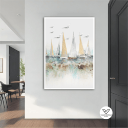 ship canvas, sailboats canvas print, seascape decorative wall art, sailboats and seagulls canvas painting