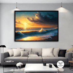 sunset at sea landscape canvas painting, seascape decorative wall art, sea landscape wall decor, beach scenery decorativ