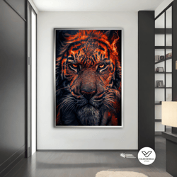 tiger canvas painting, fiery tiger poster, angry tiger decorative wall art, tiger home decor, animal wall decor, animal