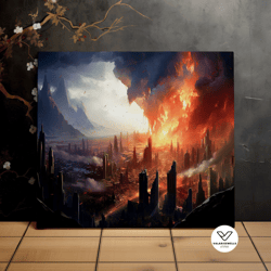 city ablaze, apocalyptic landscape, fantasy art, inferno, scenic decorative wall art, canvas art, canvas print, ready to