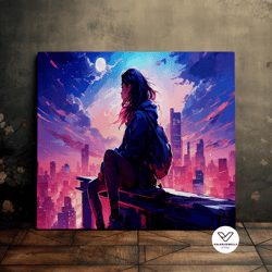 city kid looking over the city, cyberpunk, netrunner, beautiful landscape, scenic decorative wall art, canvas art, canva