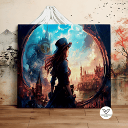 girl in a steampunk kingdom, beautiful landscape, futuristic fantasy art, scenic decorative wall art, canvas art, canvas