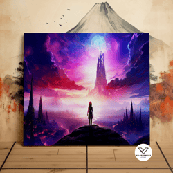 girl looking out on a mystical valley, fantasy castle, beautiful landscape, scenic decorative wall art, canvas art, canv