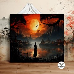 japanese moonlight over the village, mystical art, fantasy landscape, scenic decorative wall art, canvas art, canvas pri