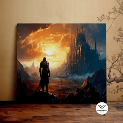 knight beholding the castle, fantasy art, medieval landscape, scenic decorative wall art, canvas art, canvas print, read