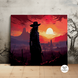 lone cowgirl in the desert, desertpunk, western art, beautiful nature landscape, scenic decorative wall art, canvas art,