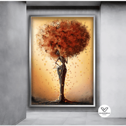 african tree woman with leaf hair canvas painting, canvas painting home decor, poster wall decor, surreal decorative wal