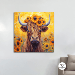 cow canvas, cow with sunflowers canvas painting, bull on canvas bull decorative wall art bull print bull poster longhorn