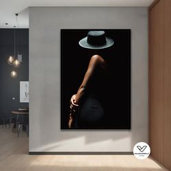 mysterious woman in black hat art print, abstract woman decorative wall art, modern decor ideas for home and office with