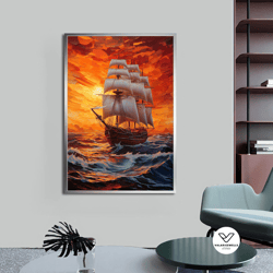 ship canvas painting, ship at sunset decorative wall art, sea decorative wall art, pirate ship canvas painting, decor ar