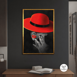 woman in red hat art print, abstract woman decorative wall art, modern decor ideas for home and office with different fr