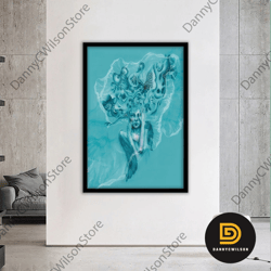 aqua woman print, watery canvas art, fashion canvas print, water girl canvas print, colorful canvas print, framed wall d