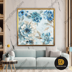 blue flowers canvas art, flower wall decor, floral wall decor, floral wall art, flower canvas print, blue flower art, lu