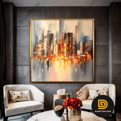 city skyline abstract painting,large city abstract painting on canvas, wall city painting, new york city art, framed can