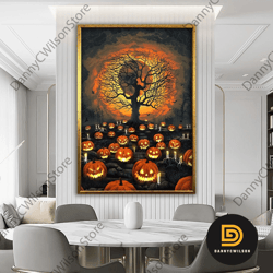 scarecrow pumpkin canvas wall art, horror house halloween decor, halloween party wall painting, enchanted house wall pri