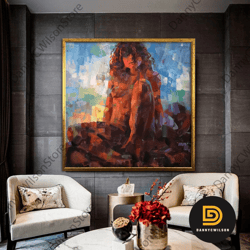 sexy curly hair naked woman, sexy woman canvas painting, nude girl wall art, erotic woman canvas painting for bedroom, f