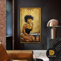 south american sexy woman, sexy woman drinking whiskey, woman canvas painting, sexy woman wall art, framed canvas ready