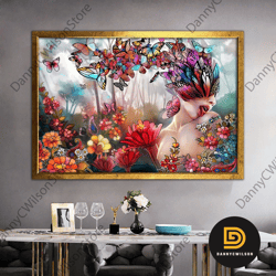 woman canvas art, fashion canvas print, canvas print, flowers woman print, colorful canvas print, framed wall decor-1