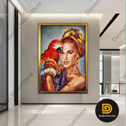 women and parrot canvas art, fashion canvas print, parrot canvas print, black woman print, colorful canvas print, framed