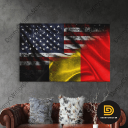 american and belgium flag mashup, belgium flag, framed canvas print, framed american flag art, patriotic immigrant art