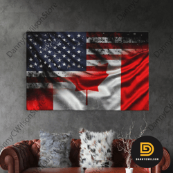 american and canadian flag mashup, canada flag, framed canvas print, american flag art patriotic immigrant art heritage