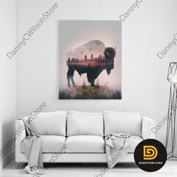 american buffalo double exposure art, framed canvas print, american bison and plains landscape, western decor, farmhouse