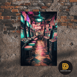 an abandoned game room, framed canvas print, vaporwave photography fine art print, aesthetic decor, colorful art, arcade