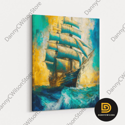 ancient spanish sailboat watercolor, framed canvas print, oil painting canvas art, framed wall art