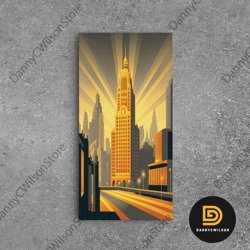 art deco architecture, framed canvas print, 1930s style art deco city skyline