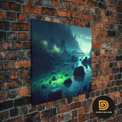 bioluminescent glowing river, cool nature watercolor art, framed canvas print