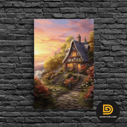 cottage landscape art, nature art print, countryside art, canvas print, wall art, vertical art, landscape print, cozy gi