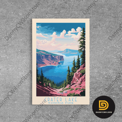 crater lake national park travel poster print, canvas print wall art, oregon travel art, midcentury modern travel decor