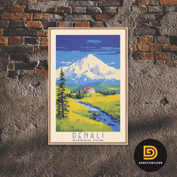 denali national park travel poster print, canvas print wall art, alaska travel art, midcentury modern travel decor, mcm