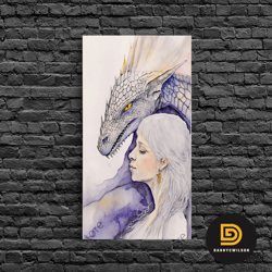 dragon painting canvas print, dragon art, fantasy art, fantasy painting wall art, girl and her dragon, dragon girl