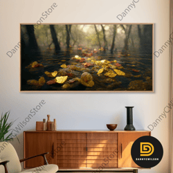 fall leaves floating down the river, autumn, landscape and nature canvas print, oil painting style, neutral wall art