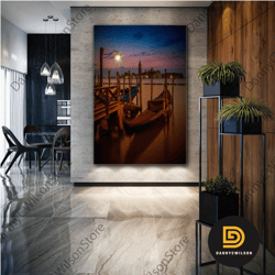 boats on lake wall art, city night canvas art, living room wall decor, roll up canvas, stretched canvas art, framed wall