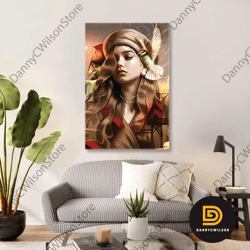 bohemian girl wall art, green bird canvas art, modern wall decor, roll up canvas, stretched canvas art, framed wall art